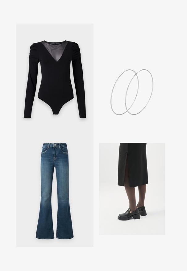 Bodysuit negro de manga larga, con un escote en V de malla y detalle fruncido en los hombros. Tejido suave con una forma ajustada.; Jeans de denim azul acampanados con cintura alta, un desgaste sutil, cinco bolsillos y costuras en contraste. Fabricados con una mezcla de algodón elástico.; Zapatos de piel negra con punta redondeada, tacón grueso y bloque, y acentos elásticos en los laterales, combinados con unos pantys oscuros y una falda negra con una abertura.; Pendientes de aro plateados con un diseño minimalista. Forma circular, textura suave y perfil delgado. Livianos con un acabado pulido.