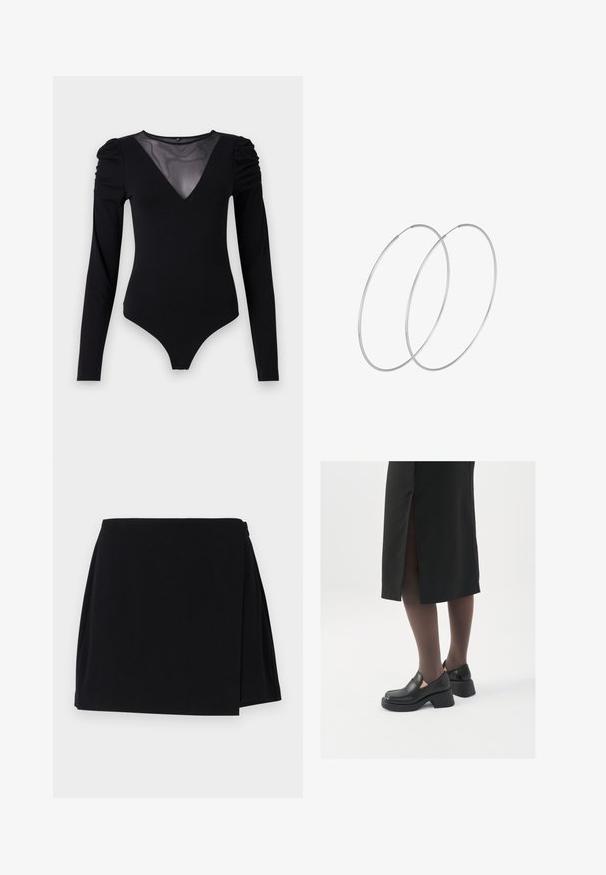 Čierny body s dlhými rukávmi, s rezom do V z priesvitnej látky a zhromaždením na pleciach. Hladká tkanina s priliehavým strihom.; Čierna zavinovacia sukňa s hladkou textúrou a voľným strihom. Sukňa má krátku dĺžku a postranné otvory pre pohodlný pohyb.; Čierne kožené topánky s okrúhlou špičkou, silným blokovým opätkom a elastickými bočnými akcentmi, skombinované s tmavými pančuchami a čiernou sukňou so štiepením.; Strieborné kruhové náušnice s minimalistickým dizajnom. Cirkulárny tvar, hladký povrch a tenký profil. Ľahké s lesklým povrchom.