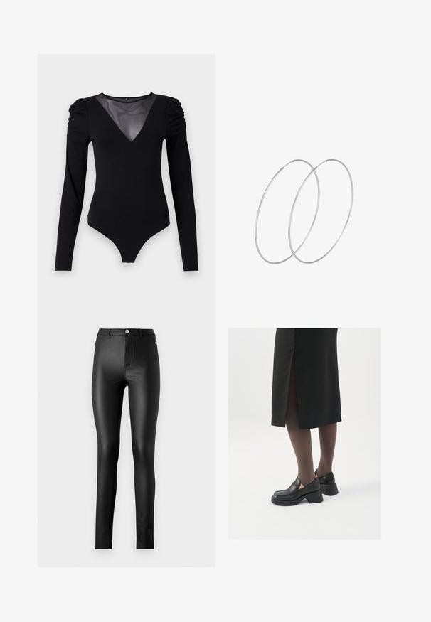 Črno bodi s dolgimi rokavi, z mrežastim V-izrezom in nabranimi rameni. Gladek material z oblikovanim krojem.; ONLY ONLELSIE LIFE - Pajkice – hlače - black; Črne usnjene čevlje s zaobljenim prstom, debelim blokastim petama in elastičnimi stranskimi detajli, v kombinaciji s temno nogavicami in črno krilo z razporkom.; Srebrne uhane v obliki obroča z minimalističnim dizajnom. Krožna oblika, gladka tekstura in tanek profil. Lahki s poliranim zaključkom.