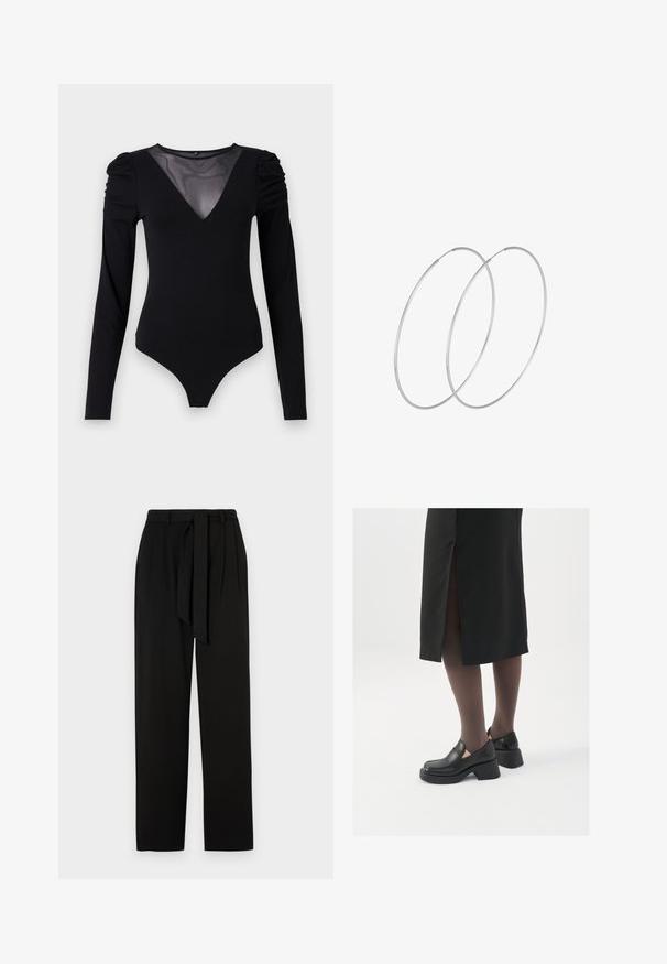 Črno bodi s dolgimi rokavi, z mrežastim V-izrezom in nabranimi rameni. Gladek material z oblikovanim krojem.; Črne hlače z visokim pasom, stranskimi naborki in blazino iz tkanine. Narejene so iz gladkega materiala z ravnimi, dolžinskimi nogavicami.; Črne usnjene čevlje s zaobljenim prstom, debelim blokastim petama in elastičnimi stranskimi detajli, v kombinaciji s temno nogavicami in črno krilo z razporkom.; Srebrne uhane v obliki obroča z minimalističnim dizajnom. Krožna oblika, gladka tekstura in tanek profil. Lahki s poliranim zaključkom.