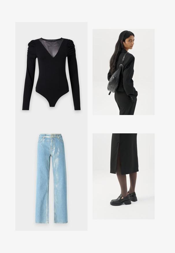 Melnā bodija ar garām piedurknēm, piedāvā ar caurspīdīgu V-veida kakla izgriezumu un savāktu plecu detaļu. Gluda auduma, ar pieguļošu formu.; Gaiši zilie platā kāju džinsi ar spīdīgajiem akcentiem, ar augstu jostasvietu, pogu aizdari un redzamām šuvēm. Gluda džinsu tekstūra.; Melni ādas apavi ar noapaļotu purngalu, biezām bloku papēžiem un elastīgiem sānu akcentiem, apvienoti ar tumšām zeķubiksēm un melnu svārku ar šķirbu.; Sieviete ar garām tumšām matiem, ģērbusies melnā uzvalkā, nēsā melnu ādas plecu somu un skatās pāri plecam uz balta fona.; Sudraba gredzenveida auskari ar minimālistisku dizainu. Cirkulāra forma, gluda tekstūra un plāns profils. Vieglu svaru ar spīdīgu apdari.