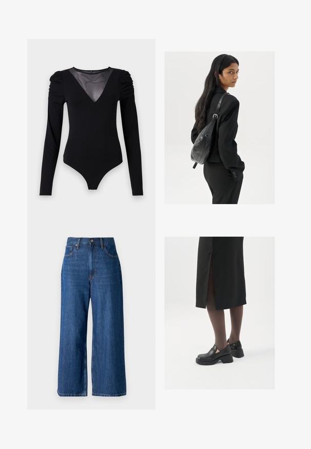 Čierny body s dlhými rukávmi, s rezom do V z priesvitnej látky a zhromaždením na pleciach. Hladká tkanina s priliehavým strihom.; Džínsy s širokými nohavicami v tmavomodrej farbe s jemným vyblednutím, so zipsom na prednej strane a prednými vreckami. Majú kontrastné stehy a štandardný pás.; Čierne kožené topánky s okrúhlou špičkou, silným blokovým opätkom a elastickými bočnými akcentmi, skombinované s tmavými pančuchami a čiernou sukňou so štiepením.; Žena s dlhými tmavými vlasmi, oblečená v čiernom obleku, nesúca čiernu koženú kabelku na ramene, pozerajúca cez rameno na bielom pozadí.; Strieborné kruhové náušnice s minimalistickým dizajnom. Cirkulárny tvar, hladký povrch a tenký profil. Ľahké s lesklým povrchom.
