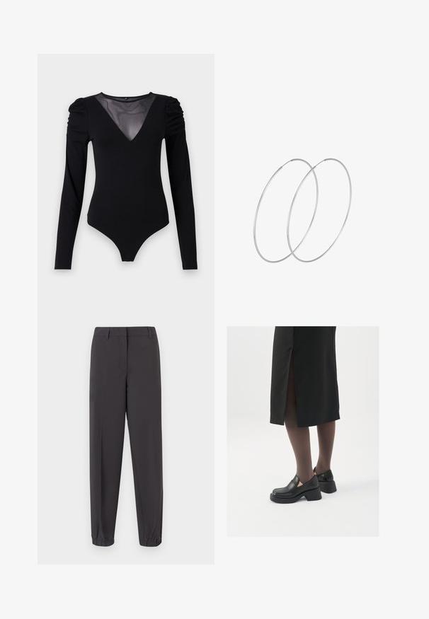 Juodas bodis su ilgomis rankovėmis, turintis tinklinį V formos iškirpimą ir sutrauktą peties detalę. Lygus audinys su prigludusia forma.; Tamsiai pilkos kelnės, pagamintos iš lygaus audinio, su siaurėjančia forma, elastingais rankogaliais ir priekinių kišenių elegantišku apdaila.; Juodos odinės bateliai su apvaliu nosiu, stora blokine pakulne ir elastingais šonais, derinami su tamsiomis pėdkelnėmis ir juoda sijonu su plyšiu.; Sidabrinės pusmėnulio auskarai minimalistiniu dizainu. Apskritimo forma, lygus paviršius ir plonas profilis. Lengvi su poliruotu apdailu.