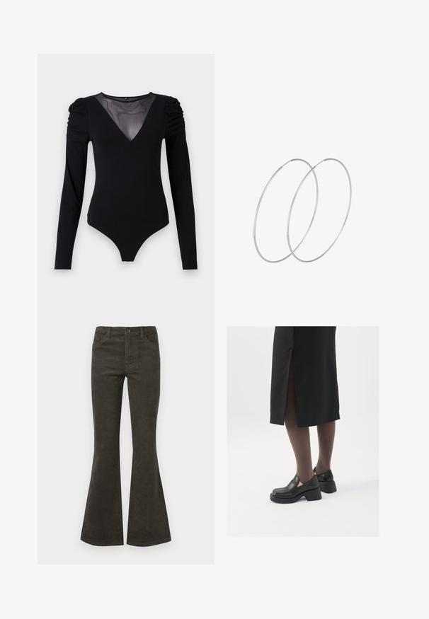 Melnā bodija ar garām piedurknēm, piedāvā ar caurspīdīgu V-veida kakla izgriezumu un savāktu plecu detaļu. Gluda auduma, ar pieguļošu formu.; Tumšzaļie flared kordūru bikses ar pogas un rāvējslēdzēju aizdari, piecām kabatām un smalku ribotu tekstūru.; Melni ādas apavi ar noapaļotu purngalu, biezām bloku papēžiem un elastīgiem sānu akcentiem, apvienoti ar tumšām zeķubiksēm un melnu svārku ar šķirbu.; Sudraba gredzenveida auskari ar minimālistisku dizainu. Cirkulāra forma, gluda tekstūra un plāns profils. Vieglu svaru ar spīdīgu apdari.
