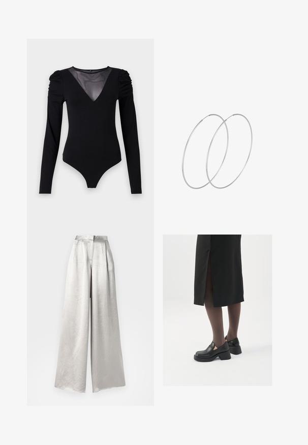 Czarny body z długimi rękawami, z siateczkowym dekoltem w kształcie litery V oraz marszczonym detalem na ramionach. Gładki materiał o dopasowanym kroju.; Srebrne spodnie typu wide-leg wykonane z pomarszczonego, teksturowego materiału, z wysokim stanem i zamkiem błyskawicznym z tyłu.; Czarne skórzane buty z okrągłym noskiem, grubym blokowym obcasem i elastycznymi akcentami po bokach, zestawione z ciemnymi rajstopami i czarną spódnicą z rozcięciem.; Srebrne kolczyki w formie obręczy o minimalistycznym designie. Okrągły kształt, gładka faktura i cienki profil. Lekkie, z polerowanym wykończeniem.