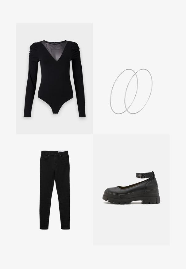 Crni bodysuit dugih rukava s mrežastim V-izrezom i naborima na ramenima. Glatka tkanina s prilagođenim oblikom.; Crne skinny traperice visokog struka s prednjim i stražnjim džepovima, kopčanjem na dugme i patentni zatvarač te Vero Moda oznakom na pojasu.; Buffalo ASPHA - Cipele na petu s platformom - black; Srebrne okrugle naušnice s minimalističkim dizajnom. Kružni oblik, glatka tekstura i tanak profil. Lagane s poliranim završetkom.