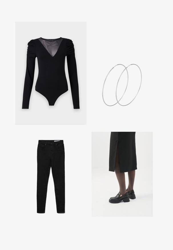 Svart bodysuit med långa ärmar, med en mesh V-ringning och skräddarsydd axeldetalj. Slät tyg med en kroppsnära passform.; Svarta denimjeans med slim fit, mid-rise midja, fem fickor, metallknappslutning och subtila sömdetaljer.; Svarta läderskor med rund tå, tjock klack utan häl och elastiska sidodetaljer, kombinerat med mörka strumpbyxor och en svart kjol med slits.; Silverfärgade hoopörhängen med en minimalistisk design. Cirkulär form, slät yta och tunn profil. Lätta med en polerad finish.