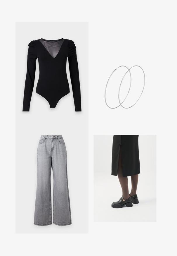 Crni bodysuit dugih rukava s mrežastim V-izrezom i naborima na ramenima. Glatka tkanina s prilagođenim oblikom.; Svijetlosive široke traperice napravljene od denima, s visokim strukom, pet džepova i suptilnom izblijedjelom teksturom. Metalni gumb i zatvarač.; Crne kožne cipele s zaobljenim vrhom, debelim blok petama i elastičnim bočnim detaljima, uparene s tamnim čarapama i crnom suknjom s prorezom.; Srebrne okrugle naušnice s minimalističkim dizajnom. Kružni oblik, glatka tekstura i tanak profil. Lagane s poliranim završetkom.