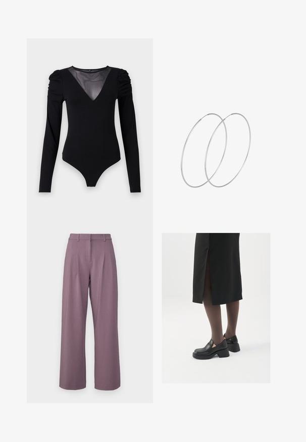 Čierny body s dlhými rukávmi, s rezom do V z priesvitnej látky a zhromaždením na pleciach. Hladká tkanina s priliehavým strihom.; MSCH Copenhagen MIRABELLE MICHELLE PLEAT PANTS - Nohavice - black plum; Čierne kožené topánky s okrúhlou špičkou, silným blokovým opätkom a elastickými bočnými akcentmi, skombinované s tmavými pančuchami a čiernou sukňou so štiepením.; Strieborné kruhové náušnice s minimalistickým dizajnom. Cirkulárny tvar, hladký povrch a tenký profil. Ľahké s lesklým povrchom.