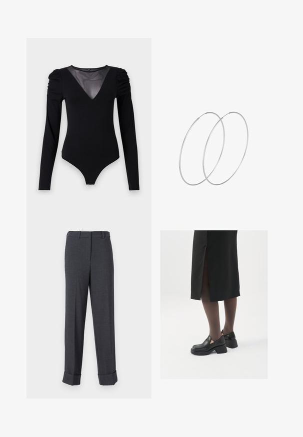 Černý body s dlouhými rukávy, vyznačující se síťovým výstřihem do V a nařasenými detaily na ramenech. Hladký materiál s přiléhavým střihem.; Šedé kalhoty na míru z texturované tkaniny, s rovnými nohavicemi, poutky na pásek a zaklopenými lemy pro strukturovaný vzhled.; Černé kožené boty s kulatou špičkou, silným blokovým podpatkem a elastickými bočními akcenty, spárované s tmavými punčochami a černou sukní se rozparkem.; Stříbrné kruhové náušnice s minimalistickým designem. Kruh, hladký povrch a tenký profil. Lehká konstrukce s lesklým povrchem.