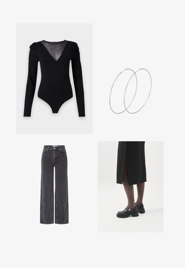 Juodas bodis su ilgomis rankovėmis, turintis tinklinį V formos iškirpimą ir sutrauktą peties detalę. Lygus audinys su prigludusia forma.; Aukštai juosmens juodi džinsai su plačiomis kojomis, su mygtukų uždarymu, diržo kilpomis ir subtiliu blukimu audinio paviršiuje.; Juodos odinės bateliai su apvaliu nosiu, stora blokine pakulne ir elastingais šonais, derinami su tamsiomis pėdkelnėmis ir juoda sijonu su plyšiu.; Sidabrinės pusmėnulio auskarai minimalistiniu dizainu. Apskritimo forma, lygus paviršius ir plonas profilis. Lengvi su poliruotu apdailu.