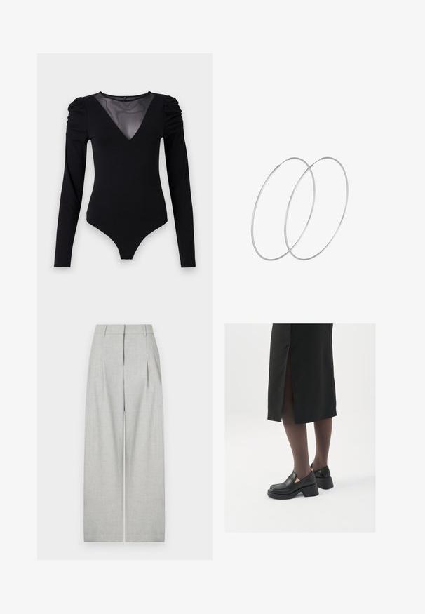 Černý body s dlouhými rukávy, vyznačující se síťovým výstřihem do V a nařasenými detaily na ramenech. Hladký materiál s přiléhavým střihem.; Světle šedé široké kalhoty z texturované tkaniny, s předními sklady, čistým pasem a bez viditelných kapes.; Černé kožené boty s kulatou špičkou, silným blokovým podpatkem a elastickými bočními akcenty, spárované s tmavými punčochami a černou sukní se rozparkem.; Stříbrné kruhové náušnice s minimalistickým designem. Kruh, hladký povrch a tenký profil. Lehká konstrukce s lesklým povrchem.