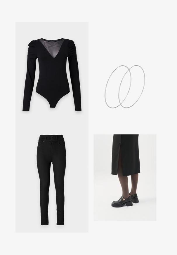 Melnā bodija ar garām piedurknēm, piedāvā ar caurspīdīgu V-veida kakla izgriezumu un savāktu plecu detaļu. Gluda auduma, ar pieguļošu formu.; Melni džinsu skinny bikses ar augstu jostasvietu, divām priekšējām kabatām, divām aizmugures kabatām un rāvējslēdzēju ar dubultā pogu aizdari.; Melni ādas apavi ar noapaļotu purngalu, biezām bloku papēžiem un elastīgiem sānu akcentiem, apvienoti ar tumšām zeķubiksēm un melnu svārku ar šķirbu.; Sudraba gredzenveida auskari ar minimālistisku dizainu. Cirkulāra forma, gluda tekstūra un plāns profils. Vieglu svaru ar spīdīgu apdari.