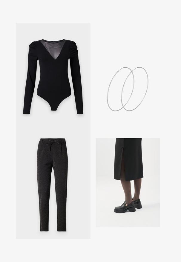 Bodysuit negro de manga larga, con un escote en V de malla y detalle fruncido en los hombros. Tejido suave con una forma ajustada.; Pantalones negros con un sutil efecto de brillo, que cuentan con una cintura con cordón, un diseño ajustado y una pierna acampanada para una silueta ceñida.; Zapatos de piel negra con punta redondeada, tacón grueso y bloque, y acentos elásticos en los laterales, combinados con unos pantys oscuros y una falda negra con una abertura.; Pendientes de aro plateados con un diseño minimalista. Forma circular, textura suave y perfil delgado. Livianos con un acabado pulido.