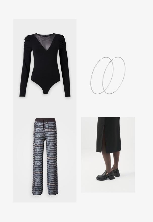 Zwarte bodysuit met lange mouwen, voorzien van een mesh V-halslijn en geplooide schouderdetails. Glad fabric met een aansluitende pasvorm.; Lichte, gebloemde broeken met een donkere basis en afwisselende blauwe en grijze bladmotieven, elastische tailleband en trekkoord.; Zwarte leren schoenen met een ronde neus, dikke blokhak en elastische zijkanten, gecombineerd met donkere panty's en een zwarte rok met een split.; Zilveren hoepel oorbellen met een minimalistisch ontwerp. Cirkelvormig, gladde textuur en dun profiel. Lichtgewicht met een gepolijste afwerking.