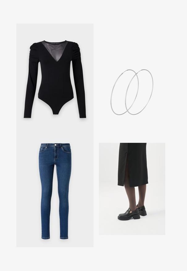 Juodas bodis su ilgomis rankovėmis, turintis tinklinį V formos iškirpimą ir sutrauktą peties detalę. Lygus audinys su prigludusia forma.; Lieknos džinsinės kelnės tamsiai mėlynos spalvos. Turi klasiką atitinkantį penkių kišenių dizainą, metalinį mygtuko užsegimą ir subtilius siūlus palei siūles.; Juodos odinės bateliai su apvaliu nosiu, stora blokine pakulne ir elastingais šonais, derinami su tamsiomis pėdkelnėmis ir juoda sijonu su plyšiu.; Sidabrinės pusmėnulio auskarai minimalistiniu dizainu. Apskritimo forma, lygus paviršius ir plonas profilis. Lengvi su poliruotu apdailu.