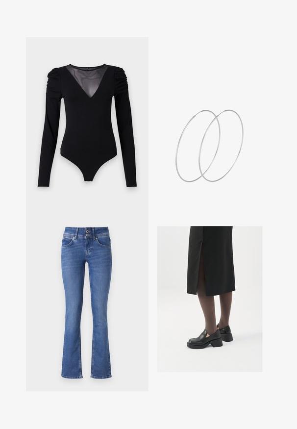 Melnā bodija ar garām piedurknēm, piedāvā ar caurspīdīgu V-veida kakla izgriezumu un savāktu plecu detaļu. Gluda auduma, ar pieguļošu formu.; Zili džinsi ar platu kāju dizainu, aprīkoti ar divu pogu aizdari, pieciem kabatām un maiga worn efektu priekšpuses.; Melni ādas apavi ar noapaļotu purngalu, biezām bloku papēžiem un elastīgiem sānu akcentiem, apvienoti ar tumšām zeķubiksēm un melnu svārku ar šķirbu.; Sudraba gredzenveida auskari ar minimālistisku dizainu. Cirkulāra forma, gluda tekstūra un plāns profils. Vieglu svaru ar spīdīgu apdari.