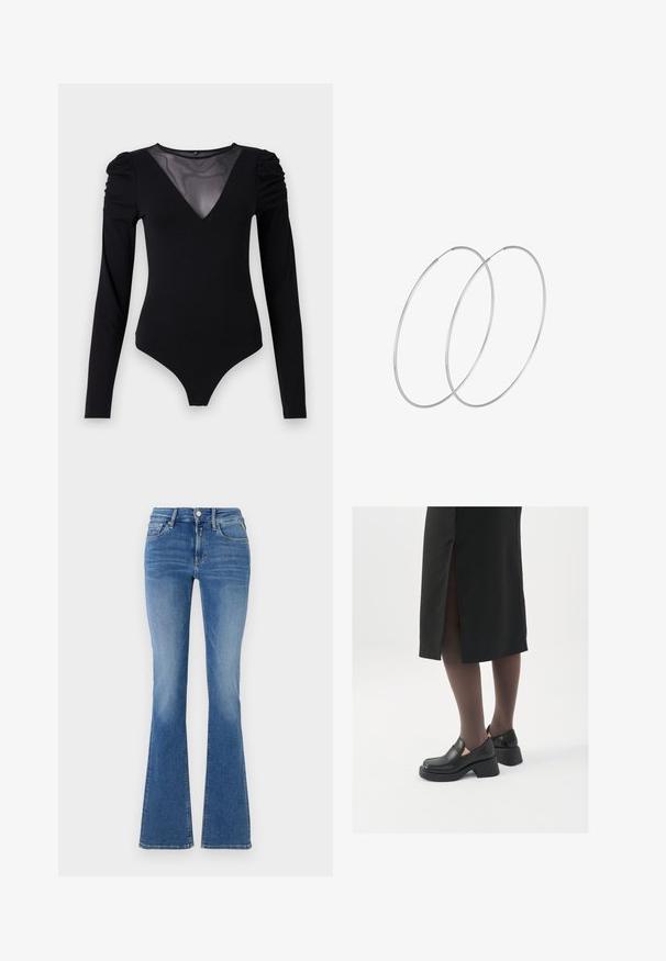 Črno bodi s dolgimi rokavi, z mrežastim V-izrezom in nabranimi rameni. Gladek material z oblikovanim krojem.; Modre jeans hlače z visokim pasom, sprednjimi žepi, zapiranjem na gumb in zadrgo ter širokimi hlačnicami.; Črne usnjene čevlje s zaobljenim prstom, debelim blokastim petama in elastičnimi stranskimi detajli, v kombinaciji s temno nogavicami in črno krilo z razporkom.; Srebrne uhane v obliki obroča z minimalističnim dizajnom. Krožna oblika, gladka tekstura in tanek profil. Lahki s poliranim zaključkom.