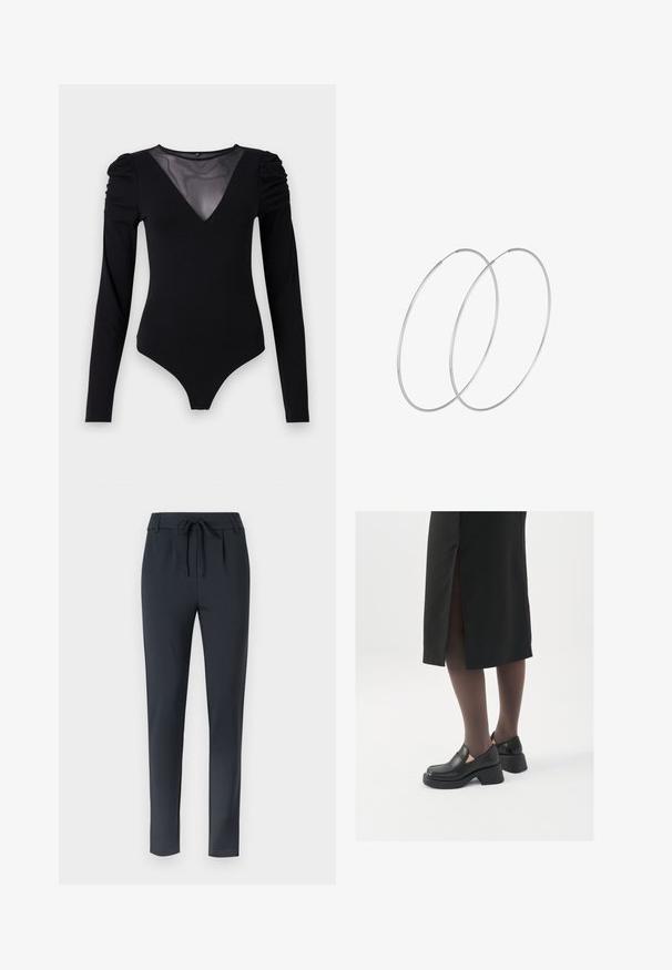 Sort bodysuit med lange ærmer, der har en mesh V-halsudskæring og samlet skulderdetalje. Glat stof med en tætsiddende form.; Mørkeblå slim-fit bukser med snøre i taljen, lavet af et blødt, strækbart stof, med flad forside og tapered ben design.; Sorte lædersko med rund tå, kraftig blokhæl og elastiske sideaccentuer, parret med mørke strømpebukser og en sort nederdel med slids.; Sølvøreringe med et minimalistisk design. Cirkulær form, glat tekstur og tynd profil. Letvægtige med en poleret overflade.