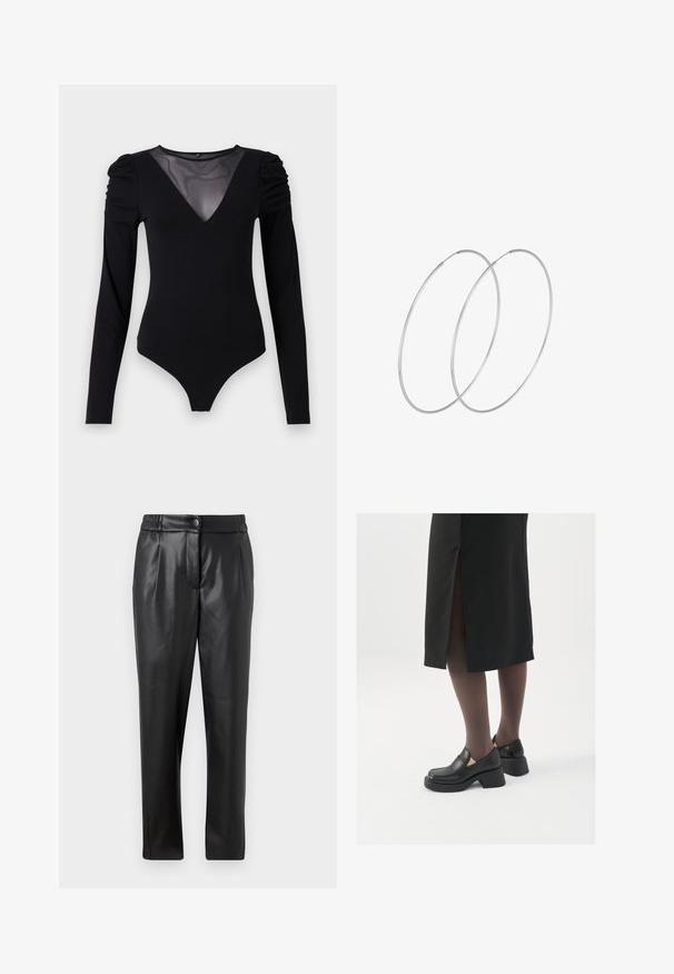Zwarte bodysuit met lange mouwen, voorzien van een mesh V-halslijn en geplooide schouderdetails. Glad fabric met een aansluitende pasvorm.; Zwarte leren broek met een gladde textuur, rechte pasvorm, elastische tailleband en een knoopsluiting aan de voorkant; geplooide details en taps toelopende pijpen.; Zwarte leren schoenen met een ronde neus, dikke blokhak en elastische zijkanten, gecombineerd met donkere panty's en een zwarte rok met een split.; Zilveren hoepel oorbellen met een minimalistisch ontwerp. Cirkelvormig, gladde textuur en dun profiel. Lichtgewicht met een gepolijste afwerking.