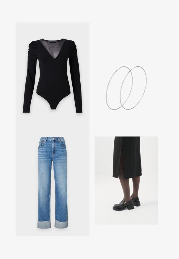 Bodysuit negro de manga larga, con un escote en V de malla y detalle fruncido en los hombros. Tejido suave con una forma ajustada.; Vaqueros de mezclilla azul claro con corte recto, con dobladillo vuelto, diseño de cinco bolsillos y cierre clásico de botón y cremallera.; Zapatos de piel negra con punta redondeada, tacón grueso y bloque, y acentos elásticos en los laterales, combinados con unos pantys oscuros y una falda negra con una abertura.; Pendientes de aro plateados con un diseño minimalista. Forma circular, textura suave y perfil delgado. Livianos con un acabado pulido.