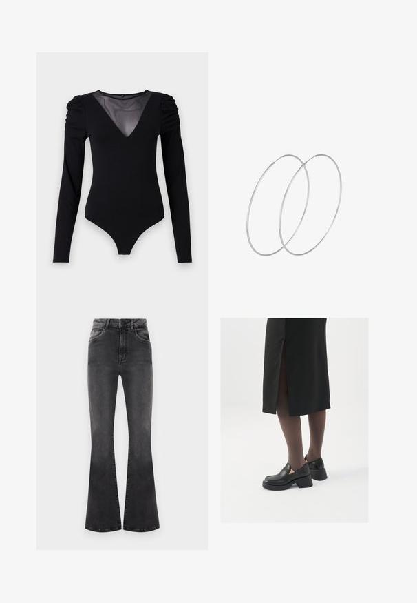 Bodysuit negro de manga larga, con un escote en V de malla y detalle fruncido en los hombros. Tejido suave con una forma ajustada.; Pantalones vaqueros negros acampanados con cintura alta, detalles de costura y cinco bolsillos. La tela tiene una textura suave con un acabado desgastado.; Zapatos de piel negra con punta redondeada, tacón grueso y bloque, y acentos elásticos en los laterales, combinados con unos pantys oscuros y una falda negra con una abertura.; Pendientes de aro plateados con un diseño minimalista. Forma circular, textura suave y perfil delgado. Livianos con un acabado pulido.