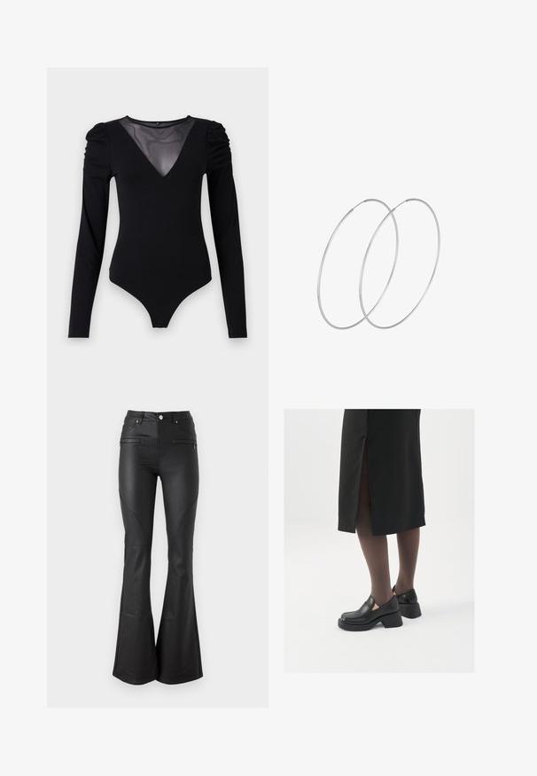 Musternahkade pikkade varrukatega must bodi, millel on läbipaistev V-kujuline kaelus ja korraldatud õlavarre detail. Sile kangas, millel on vormiv kujundus.; Mustad, läikivad laiad püksid, mis on valmistatud siledast materjalist; omaduste hulgas on eesmine taskud, sobiv talje ja dekoratiivne õmblus mööda õmblusi.; Mustad mustad jalatsid ümmarguse varbaga, paksu plokkniidi ja elastsete külgdetailidega, kombineeritud tumedate sukkade ja musta lõhikuga seelikuga.; Hõbedased rõngastikkaehingad minimalistlikus disainis. Ümar kuju, sile tekstuur ja õhuke profiil. Kerged ning poleeritud viimistlusega.