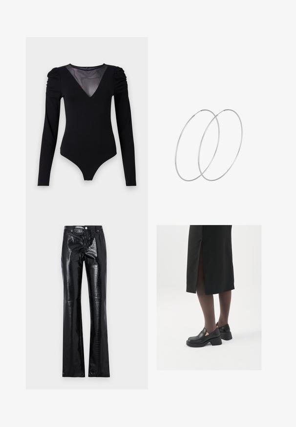 Musternahkade pikkade varrukatega must bodi, millel on läbipaistev V-kujuline kaelus ja korraldatud õlavarre detail. Sile kangas, millel on vormiv kujundus.; Mustad, kõrgelt tõstetud püksid, valmistatud läikivast sünteetilisest nahast, millel on krokodilliteksuur, kitsas lõige ja laienev säärekujundus.; Mustad mustad jalatsid ümmarguse varbaga, paksu plokkniidi ja elastsete külgdetailidega, kombineeritud tumedate sukkade ja musta lõhikuga seelikuga.; Hõbedased rõngastikkaehingad minimalistlikus disainis. Ümar kuju, sile tekstuur ja õhuke profiil. Kerged ning poleeritud viimistlusega.