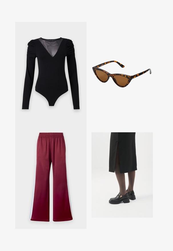Black bodysuit with long sleeves, featuring a mesh V-neckline and gathered shoulder detail. Smooth fabric with a fitted shape.; Maroon relaxed-fit pants with an elastic waistband, featuring white side stripes and a smooth fabric texture. Wide leg design.; Black leather shoes with a rounded toe, thick block heel, and elastic side accents, paired with dark tights and a black skirt with a slit.; Cat-eye sunglasses with a black and orange tortoiseshell frame, brown lenses, and sleek, pointed tips. Features a minimal logo on the temple.