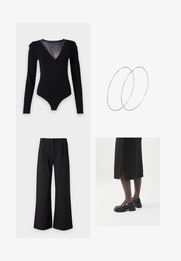 Zwarte bodysuit met lange mouwen, voorzien van een mesh V-halslijn en geplooide schouderdetails. Glad fabric met een aansluitende pasvorm.; Zwarte wijde broek met een gladde textuur, voorzien van plooien aan de voorkant en een rechte tailleband, geschikt voor formele of casual kleding.; Zwarte leren schoenen met een ronde neus, dikke blokhak en elastische zijkanten, gecombineerd met donkere panty's en een zwarte rok met een split.; Zilveren hoepel oorbellen met een minimalistisch ontwerp. Cirkelvormig, gladde textuur en dun profiel. Lichtgewicht met een gepolijste afwerking.