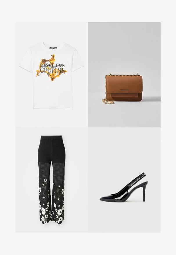 Bijela pamučna majica s zlatnim i smeškim baroknim uzorkom, s natpisom "VERSACE JEANS COUTURE" istaknutim crnim slovima.; Maje POCHETTY - Hlače - noir/blanc; Crne lakirane kožne sandale s potpeticom, s dizajnom u obliku špice, koje sadrže izrezani dio i elastičnu traku s urezanim imenom branda.; Smeđa kožna torba preko tijela s teksturom, zlatnim lančićem i preklopom na zatvaranju. Na prednjoj strani nalazi se detalj s potpisom i džep ispod preklopa.