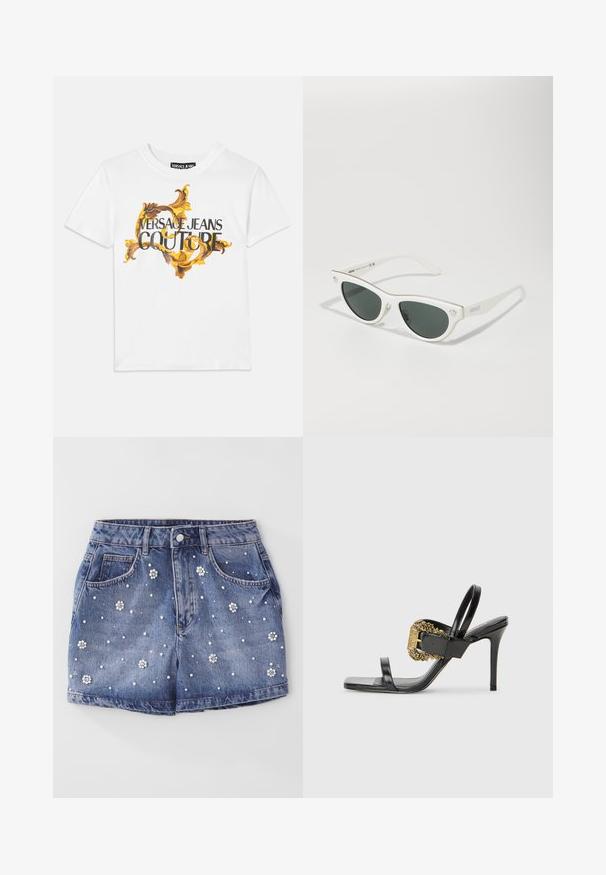 Balts kokvilnas T-krekls ar zelta un brūna baroka rakstu, uz kura izcili redzams "VERSACE JEANS COUTURE" melnās burtnēs.; Denim šorti ar gaiši zilu tonalitāti, ar dekoratīvām pērļu un ziedu rotām visā audumā un tradicionālu piecu kabatu dizainu.; Melnas ādas augstpapēžu sandales ar kvadrātveida purngaliem, divām plānām siksniņām un dekoratīvu zelta sprādzi ar greznām detaļām sānos.; Baltas kaķa acs stila saulesbrilles ar tumšiem stikliem, zelta akcenti uz rāmja un logotipa detaļas malā. Gluda plastmasas materiāls.