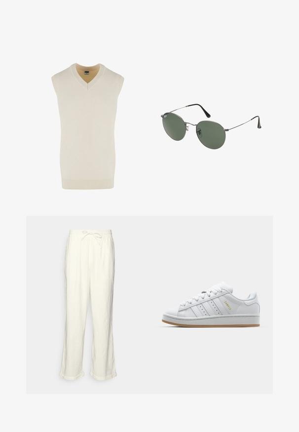 Udenærmet cremefarvet v-hals sweater lavet af blødt strikket stof. Har en ribbet halsudskæring og nederste kant, med et lige snit design.; Linnedbukser i off-white med snoreliv, let brede ben og opsmøgede manchetter til en afslappet pasform. Ingen lommer.; Hvide sneakers med perforeret tre-stribe-design, teksturerede detaljer, en gummisål og "CAMPUS" logo i guld på siden.; Metalrammede solbriller med ovale grønne linser. Tynd sølvmetalramme og sorte ørepropper. Minimalistisk design, ingen synlige logoer.