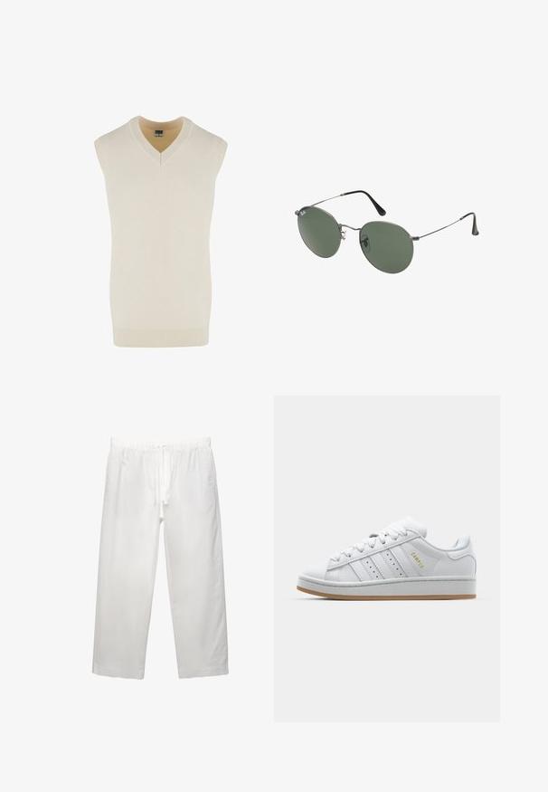 Ujjatlan krémszínű V nyakú pulóver, puha kötött anyagból. Bordás nyakkivágással és alsó szegéllyel rendelkezik, egyenes szabású dizájnnal.; Fehér vászon nadrág, amely rugalmas derékpánttal és húzózsinórral rendelkezik, széles szárú kialakítással és tiszta varrásokkal. Simogató textúra, laza illeszkedés.; Fehér sneaker perforált háromsávos dizájnnal, texturált akcentusokkal, gumitalppal és arany "CAMPUS" logóval az oldalon.; Fémkeretes napszemüveg ovális zöld lencsékkel. Vékony ezüst színű fémkeret és fekete fülrész. Minimalista dizájn, látható logók nélkül.