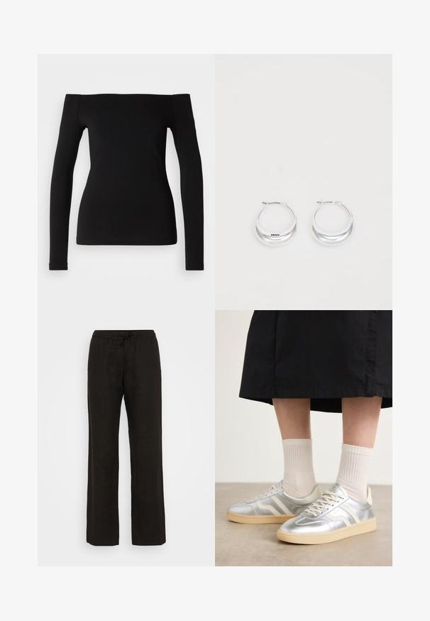 Black long-sleeve top with off-the-shoulder neckline, smooth fabric, fitted design, and a seamless hem. Simple and minimalistic style.; Black linen pants with a relaxed fit, featuring an elastic waistband and adjustable drawstring. Smooth texture and wide leg design.; Silver synthetic sneakers with white stripes, cream sole, and textured surface; paired with light ribbed socks and a black skirt.; Silver hoop earrings with a polished finish and DKNY branding, displayed against a plain white background.