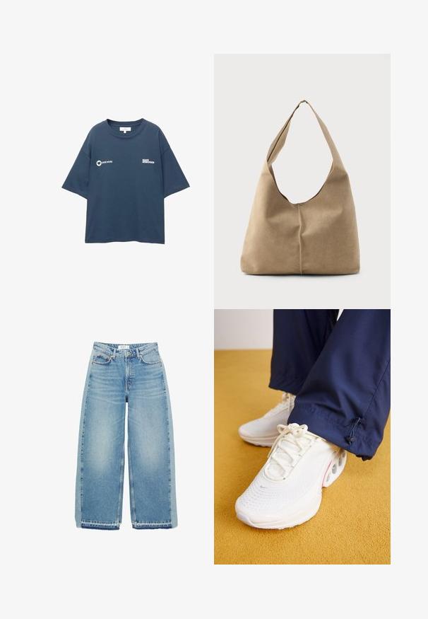 Sötétkék, túlméretezett póló fehér szöveggel: "DARE MORE" és szív ikon a bal mellen, "MAKE MEMORIES" a jobb mellen.; Világoskék, bőszárú farmernadrág, magas derekú, gombos záródással, elülső zsebekkel és nyers szegéllyel.; Fehér sneakers, textúrált kialakítással, rugalmas talppal és rózsaszín részletekkel, sötét tengerészkék nadrággal párosítva, sárga felületen.; Puha bézs velúr hobo táska laza formával, széles vállpánttal és kézzel varrt varrási részlettel az elején.