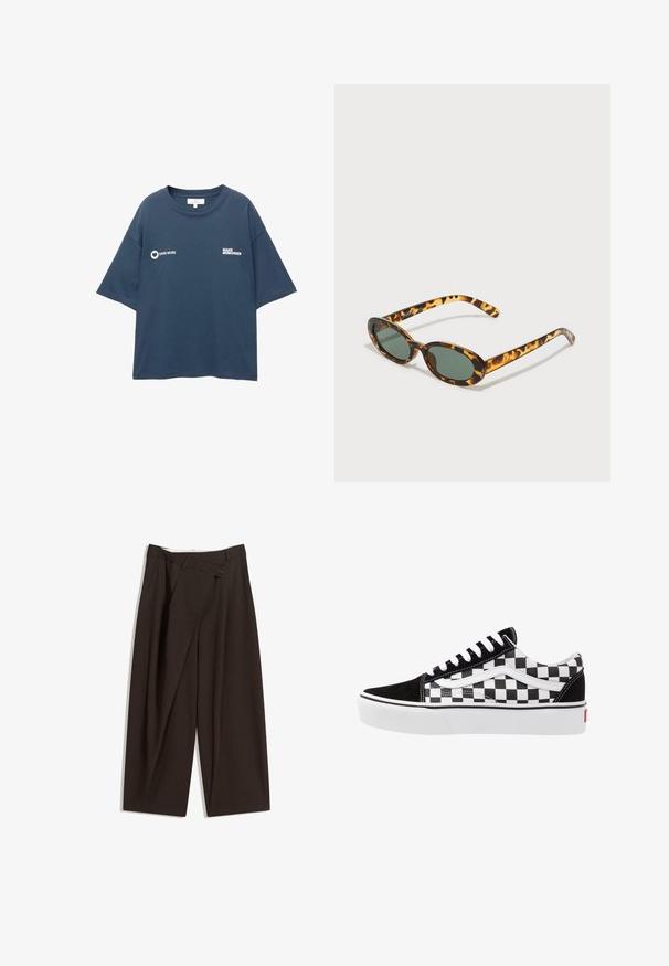 Tmavě modré oversized tričko s bílým textem "DARE MORE" a ikonou srdce na levé hrudi, "MAKE MEMORIES" na pravé hrudi.; Tmavě hnědé široké kalhoty s vysokým pasem, vybavené jedním tlačítkem na zapínání a plisovaným předním dílem. Vyrobené z lehkého materiálu.; Černobílé kostkované plátěné tenisky s černými semišovými akcenty, bílými tkaničkami a gumovou podrážkou. Boční logo má kontrastní design.; Tortoise shell sluneční brýle s oválnými obrubami, tmavě zelenými skly a štíhlými straničkami. Obsahují decentní logo na straně.