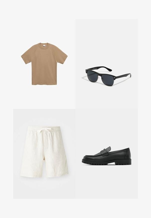 Mango T-shirts basic - beige; Linen shorts i lys beige med elastisk talje og snoretræk. Har sidelommer og en afslappet pasform. Glat tekstur.; Sorte læder loafers med rund tå, der har et syet design, lav platformssål og en struktureret, skridsikker gummisål.; Sorte solbriller med rektangulær form, mørke linser, sølvdetaljer ved tindingerne og en mat finish på stellet.