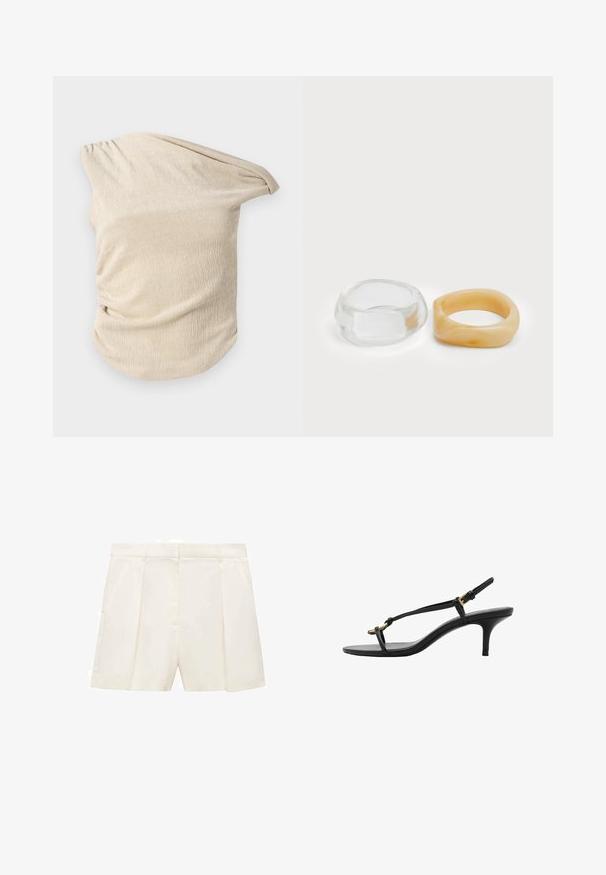 Haut beige clair en tissu texturé, présentant un design drapé avec des détails froncés sur un côté et une encolure large, dénudée d'une épaule.; Shorts taillés de couleur crème avec plis, arborant une texture lisse et une taille structurée. Poches avant de chaque côté.; Sandale à talon aiguille noire en cuir avec des fines bandoulières, boucle dorée et une boucle pour les orteils minimaliste sur fond blanc.; Bagues en résine claire et ambre, l'une lisse et transparente, l'autre avec une finition texturée en ambre. Les deux présentent des designs arrondis et épais.