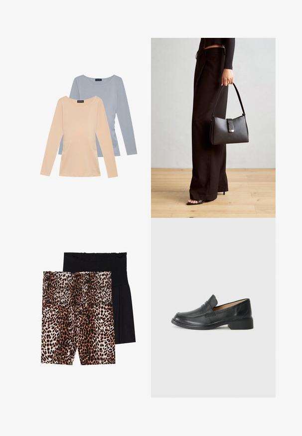 Conjunto de duas blusas de mangas longas. Uma em pêssego suave, a outra em azul claro. Ambas apresentam uma textura suave e um design com decote em forma de U.; Dois pares de calções femininos: um preto com uma cintura texturizada e o outro com um padrão de estampa de leopardo em laranja e preto.; Mocassim de couro preto com um salto baixo, apresentando um design costurado e estilo slip-on, contra um fundo branco liso.; Bolsa preta com forma estruturada, textura suave e um fecho metálico. Combinada com calças largas pretas e sandálias de salto aberto sobre um chão de madeira.