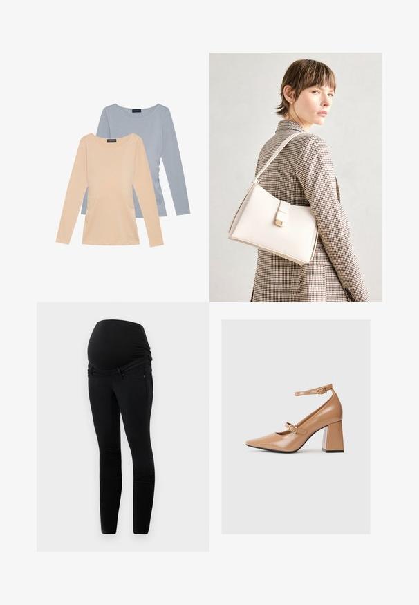 Set od dva dugačka rukava. Jedan u mekom breskvaste boje, a drugi u svijetloplavoj. Oba imaju glatku teksturu i dizajn s okruglim izrezom.; Crne trudničke traperice s rastezljivim pojasom iznad trbuha, uskim krojem i prednjim džepovima s glatkom teksturom.; Bež cipele s visokim potpeticama od patenta, s uperenim prstom, remenom oko gležnja i robusnom kvadratnom potpeticom. Glatka tekstura s sjajnim finišem.; Bijela kožna torba s čvrstim dizajnom, s magnetskim kopčanjem i remenom za rame, prikazana na neutralnoj pozadini.