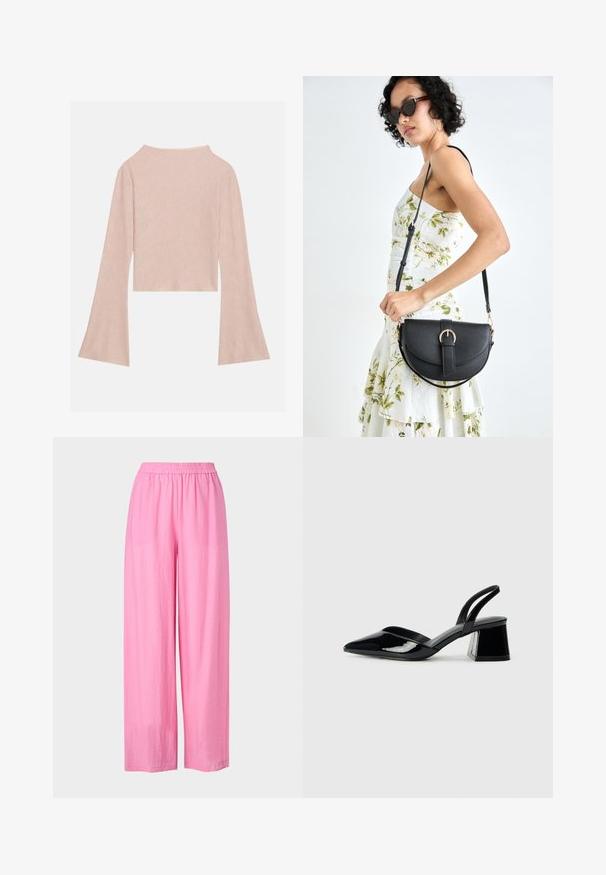 Vaaleanpunainen pitkähihainen cropped-toppi, joka on valmistettu teksturoidusta kankaasta, leveillä hihoilla ja hillityllä kiillolla. Pyöreä pääntie takana.; Vaaleanpunaiset leveät housut, jotka on valmistettu kevyestä kankaasta ja joissa on joustava vyötärö. Silkkinen pinta, ei näkyviä kuvioita tai yksityiskohtia.; Mustat patentoitu nahkakengät, joissa on säären takaosa ja terävä kärki, sekä geometrinen palikkakorko. Sisältää tyylikkään, minimalistisen muotoilun ja sileän pinnan.; Musta nahkainen käsilaukku, joka on kaareva muotoilultaan, irrotettavalla hihnalla ja kultaisilla yksityiskohdilla. Laukussa on läppä, jossa on solk yksityiskohta.