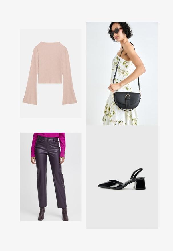 Crop top à manches longues rose clair en tissu texturé, avec des manches larges et un léger éclat. Encolure arrondie dans le dos.; Pantalon taille haute en simili cuir violet avec une texture lisse, un design droit et des poches avant. Associé à un top à manches longues rose.; Escarpins en cuir verni noir avec bout pointu et talon bloc géométrique. Présente un design élégant et minimaliste ainsi qu'une texture lisse.; Sac à main en cuir noir avec une forme courbée, bandoulière amovible et des accessoires en or. Le sac est doté d'un rabat avec un détail de boucle.