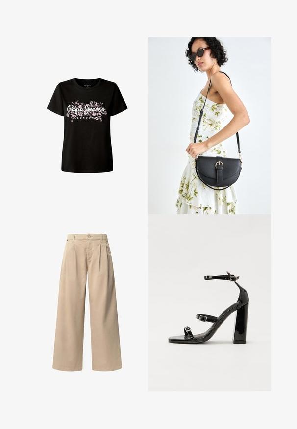 Črna bombažna majica s cvetličnim motivom in belim napisom "Pepe Jeans London". Kratki rokavi in sproščen kroj.; Bež široke hlače s dvema sprednjima gubama, gumbom za zapiranje in gladko teksturo. Zasnovane za udobje in ohlapen kroj.; Črne lakirane sandale s peto, kvadratnim prstom, trakovi okrog gležnja in srebrnimi zaponkami. Opremljene so s stabilno Debelo peto.; Črna usnjena torbica s ukrivljeno obliko, z odstranljivo naramnico in zlatimi dodatki. Torbica ima pokrov s podrobnostmi v obliki zaponke.