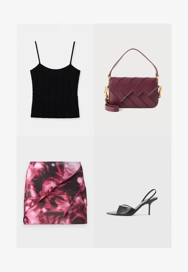 Schwarzes Cami-Top mit dünnen Trägern, aus einem strukturierten Stoff mit einem subtilen Zickzackmuster, taillierte Passform und nahtloser Verarbeitung.; Kurzer, taillierter Rock im schwarz-pinken Blumenmuster. Hergestellt aus glattem, dehnbarem Material mit einem diagonalen Wickeldesign und genähtem Saum.; Schwarze Leder-Slingback-Pumps mit spitzem Zehenbereich, dünnem Knöchelriemen und Stiletto-Absatz. Verfügt über ein geknotetes Detail auf dem Blatt.; Bordeauxrote Leder-Umhängetasche mit gewebtem Muster, goldfarbenen Akzenten, verstellbarem Riemen und Klappverschluss.