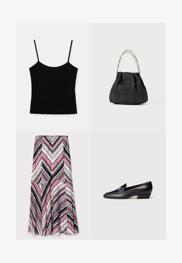 Melna kamzola ar plānām siksnām, izgatavota no teksturēta auduma ar smalku čevronu rakstu, pieguļoša silueta un bezšuvju konstrukcija.; Maksijas svārki ar zigzaga rakstu rozā, melnā un baltā krāsā, izgatavoti no teksturēta auduma ar izplūdušu apakšmalu.; Melns ādas zemu papēžu loaferis ar asu purngalu un krāsainu rakstainu siksniņas detaļu uz baltas fona.; Melnā teksturētā roku soma ar zīda rakstu, savilkta dizaina un metāla ķēdes rokturi. Mīksta auduma virsma nodrošina elegantu izskatu.