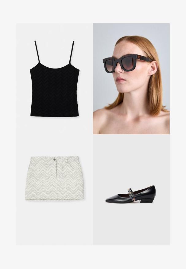 Zwarte cami-top met dunne bandjes, gemaakt van een textuurstof met een subtiel chevronpatroon, aansluitend ontwerp en naadloze constructie.; Witte rok met een chevronpatroon in grijs, voorzien van een knopen sluiting, twee zijzakken en een rechte snit. Gemaakt van textuurstof.; Zwarte leren hoge hakken met een puntige neus, voorzien van een multikleuren strap en gouden hardware. Lage, hoekige blokhak.; Zwarte en schildpadmotief oversized zonnebril met hoekige monturen, donkere gradient glazen en dikke veren. Glad plastic materiaal.