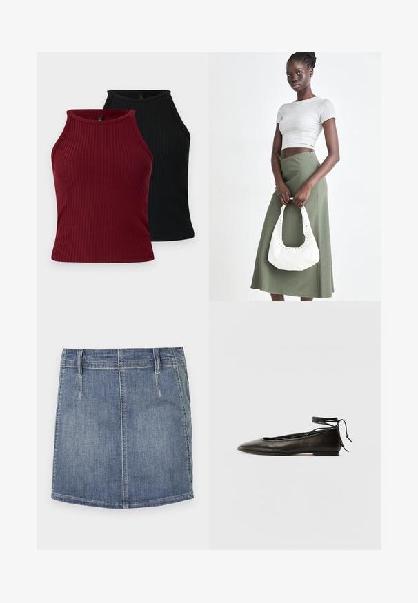 Two ribbed tank tops: one burgundy and one black. Both feature a high neckline with a fitted form and smooth texture.; Denim mini skirt in light blue with a classic cut. Features front pockets and belt loops, with a straight hem and subtle fading.; Black leather ballet flats with a pointed toe, ankle tie, and flat sole, featuring a smooth texture and minimalistic design.; Gray ribbed crop top and olive green high-waisted skirt. Model holds a white shoulder bag with cut-out detailing. Simple design, fitted silhouette.