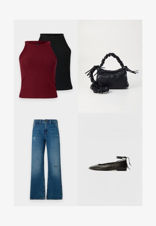 Dva rebrasta topa: jedan bordo i jedan crni. Oba imaju visoki ovratnik, prilagođenog su kroja i glatke teksture.; Plave traperice širokih nogavica s izblijedjelom teksturom, koje imaju dva oštećena područja na prednjoj strani, zatvaranje na gumbe i dizajn s pet džepova.; Crne kožne baletanke s oštrim prstom, vezanjem oko članaka i ravnim potplatom, s glatkom teksturom i minimalističkim dizajnom.; Crna torba od umjetne kože s teksturom krokodila, s cinčanim vrhom i naboranom trakom. Izgleda mekano i kompaktno u dizajnu.