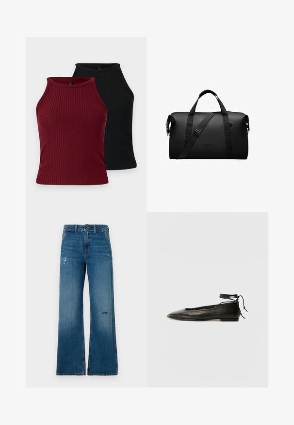 Du harmoningi marškiniai: vieni bordo, kiti juodi. Abu turi aukštą kaklą, prigludusią formą ir lygų paviršių.; Mėlyni džinsai su plačiomis kojomis, turintys nusidėvėjusį tekstūrą, su dviem suplėšytais plotais priekyje, mygtuko uždarymu ir penkių kišenių dizainu.; Juodi odiniai balerinų bateliai su smailiu pirštu, kulkšnies raiščiu ir plokščiu padu, pasižymintys lygiu paviršiumi ir minimalizmo dizainu.; Juodas sportinis krepšys, pagamintas iš patvarios medžiagos; turi dvi rankenas ir reguliuojamą peties diržą; minimalus dizainas su logotipo detalėmis.